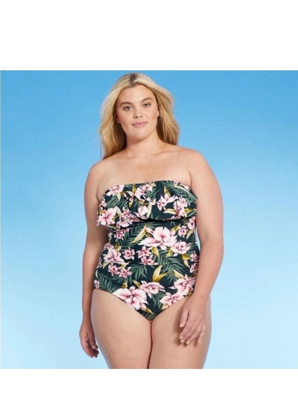 Kona Sol Dark Green Floral Strapless Ruffle One-Piece